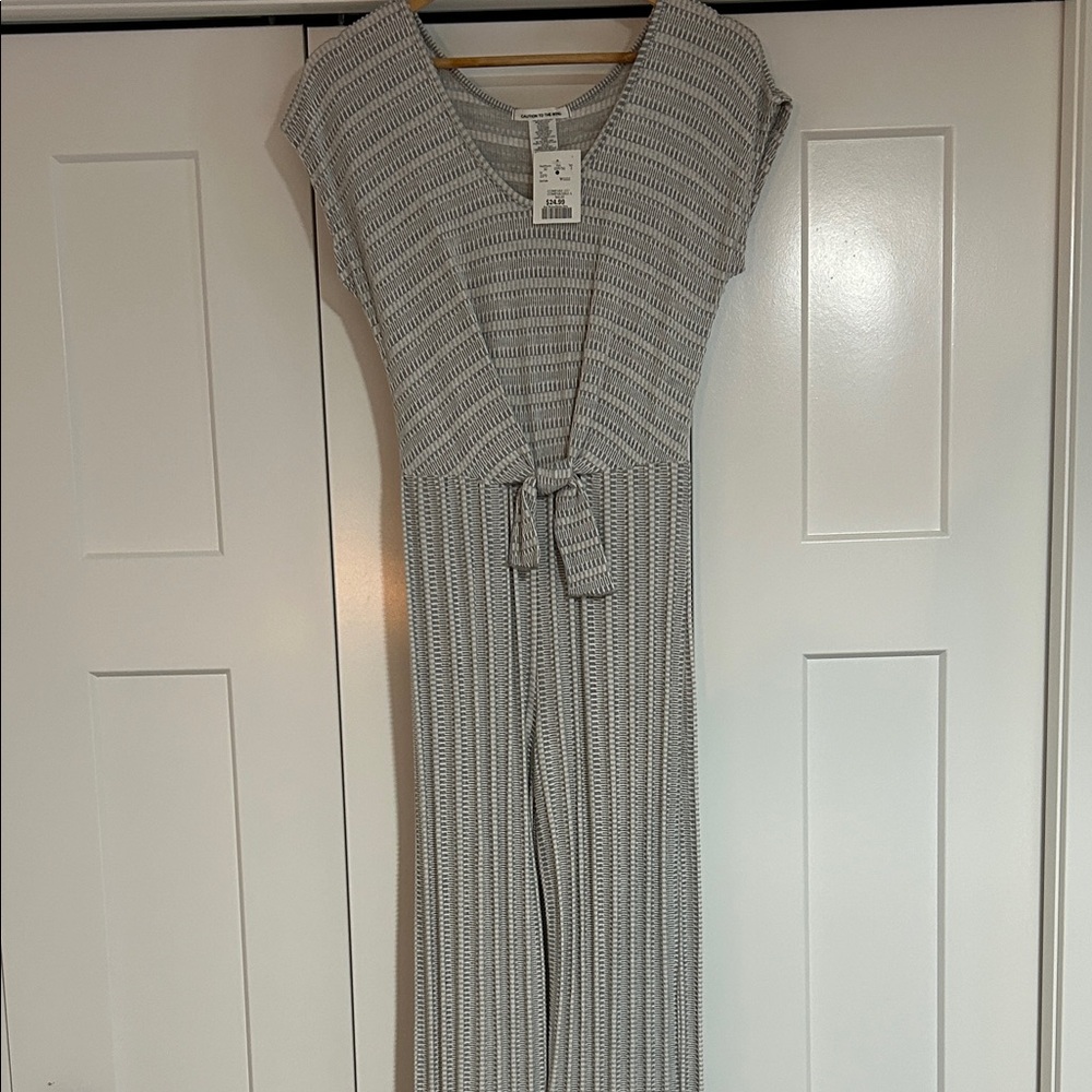 Caution To The Wind Gray Striped Jumpsuit